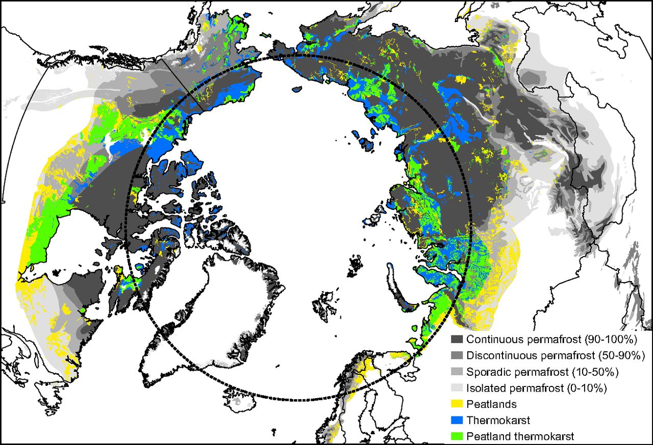 Množství permafrostu v okolí severního polárního kruhu