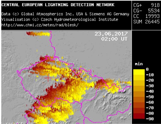 Detekce blesků 23.6.2017