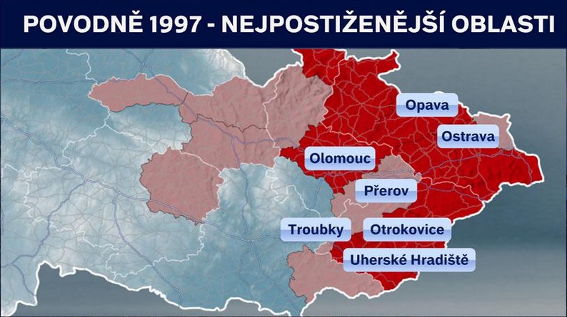 Nejpostiženější okresy při ničivých záplavách v roce 1997, které postihly hlavně Moravu