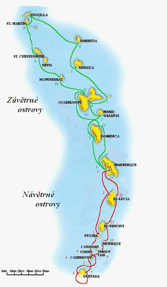 Pás ostrovů Malé Antily na mapce