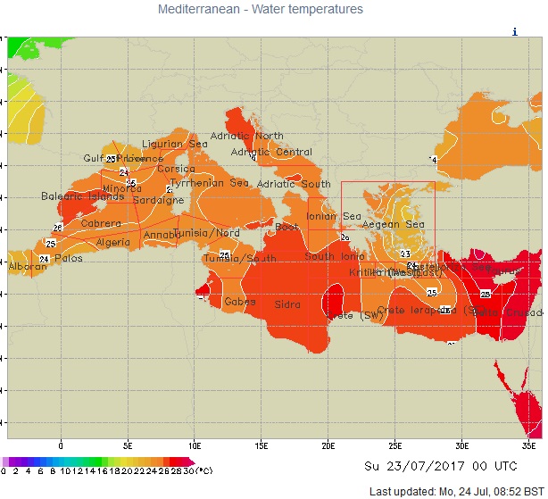 Teplota moře ve Středozemním moři se aktuálně pohybuje mezi 23 až 27 °C