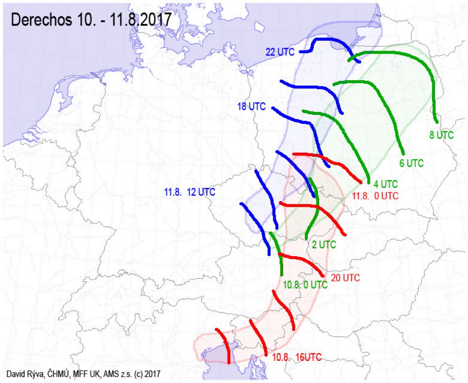 Nejvyšší nárazy větru v čase ve střední Evropě