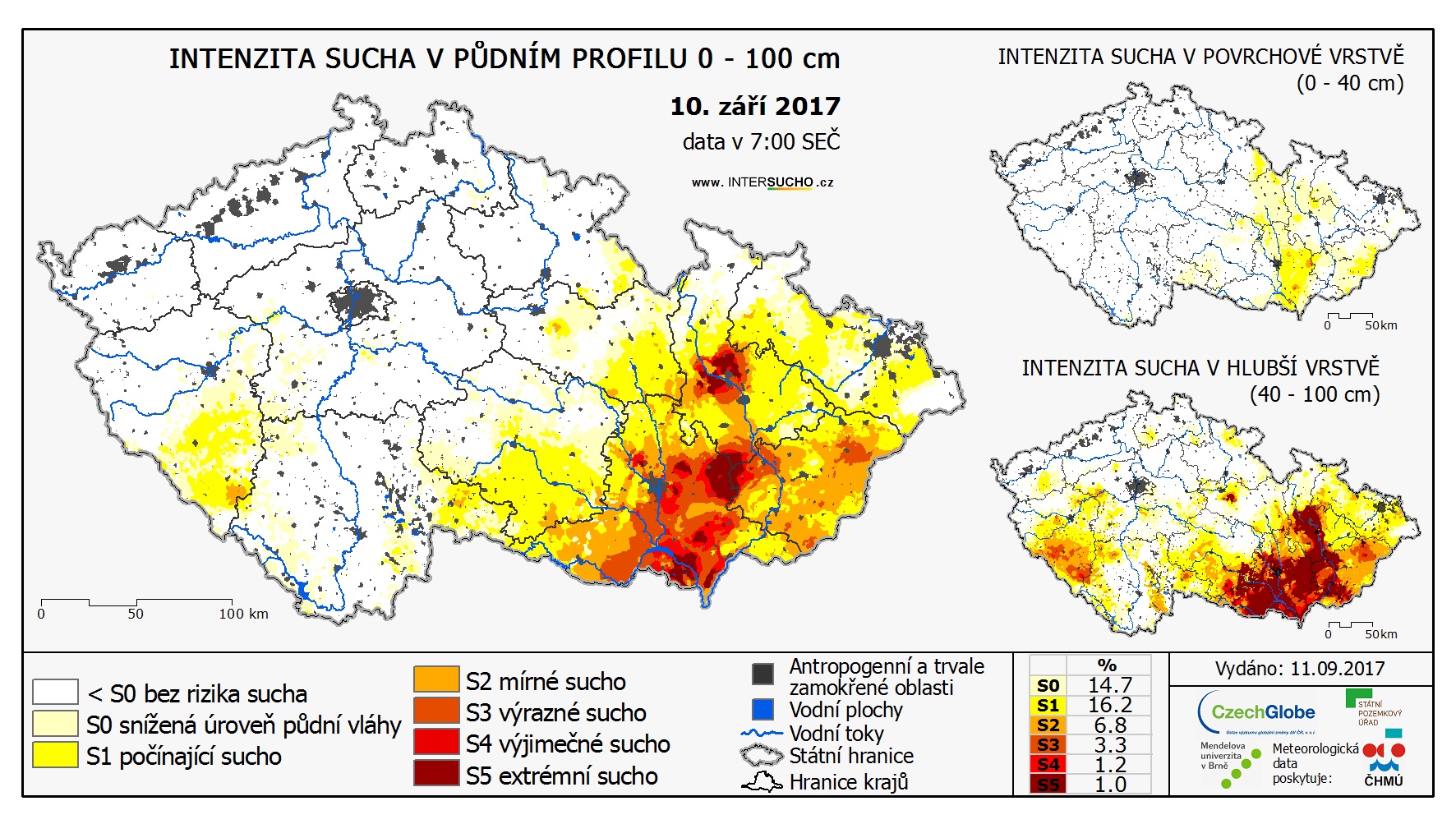Nejhorší situace se suchem je na jihovýchodě Moravy v termínu 10.9.2017