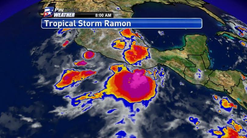 Satelitní snímek tropické bouře Ramon u pobřeží Mexika v Pacifiku