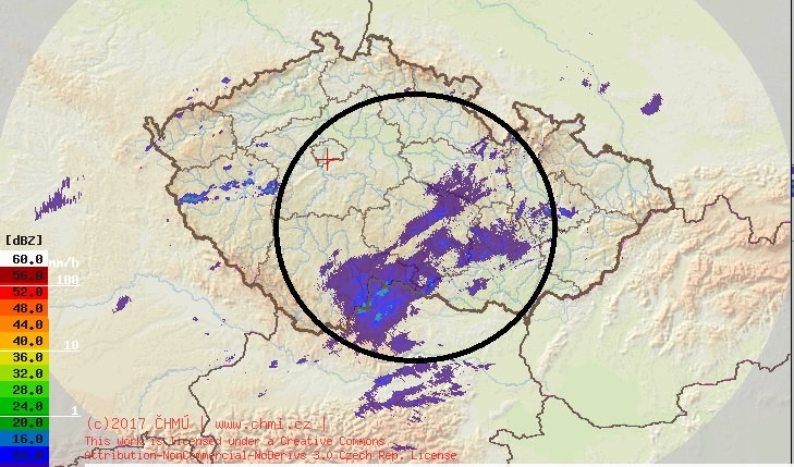 Radarový snímek zachycující slabé srážek na Vysočině