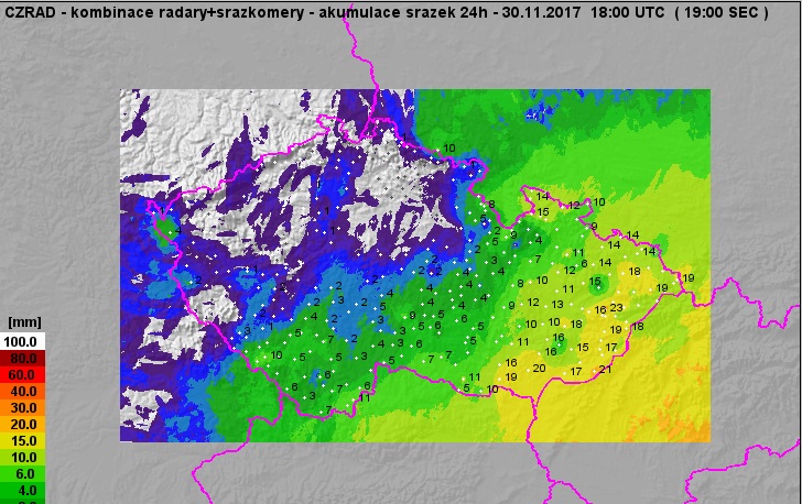 Nejvíce srážek za poslední den spadlo v oblasti hranic se Slovenskem