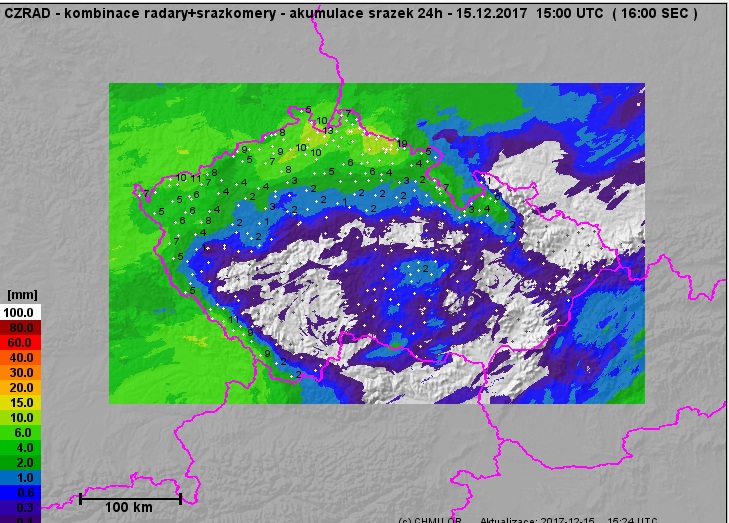 Radarové odhady srážek dne 15. prosince 2017