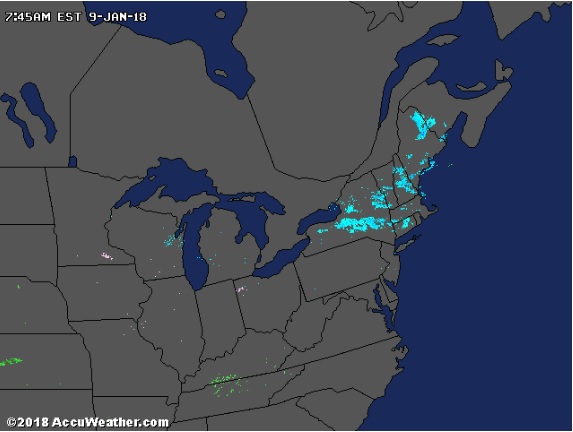 Radarové snímky z USA, nejvíce srážek se vyskytuje na severovýchodě území