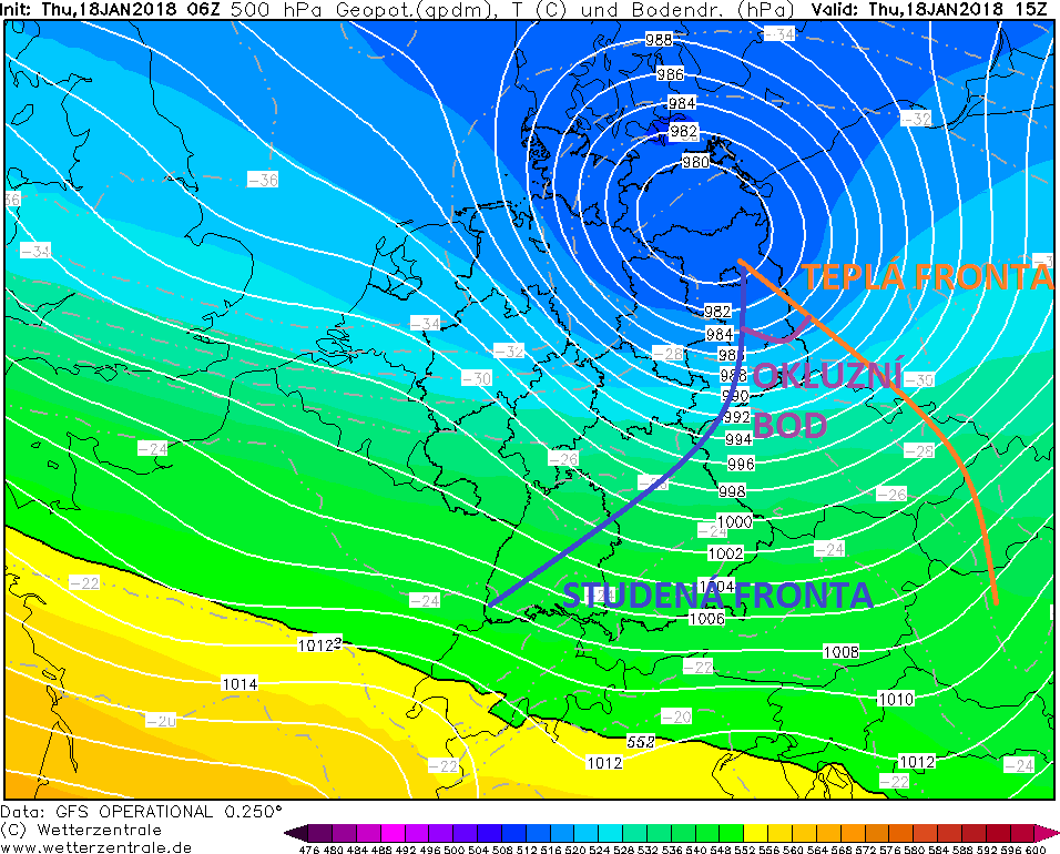 Situace front na synoptické mapě