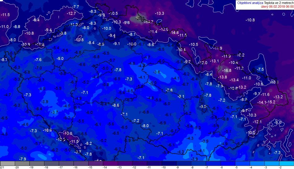 Minimální teploty na horách klesaly i pod -15 °C