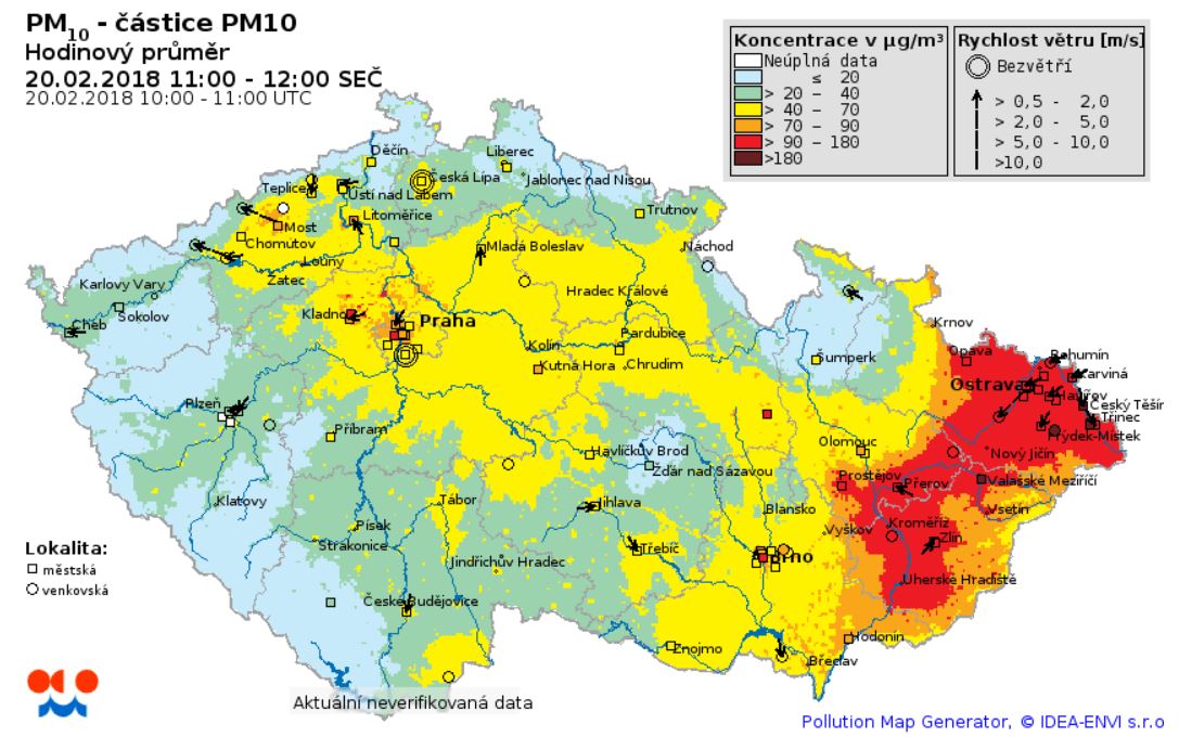 Mapa znečistění ovzduší prachovými částicemi PM 10 dne 20.2.2018, nejhorší situace je na východě Moravy