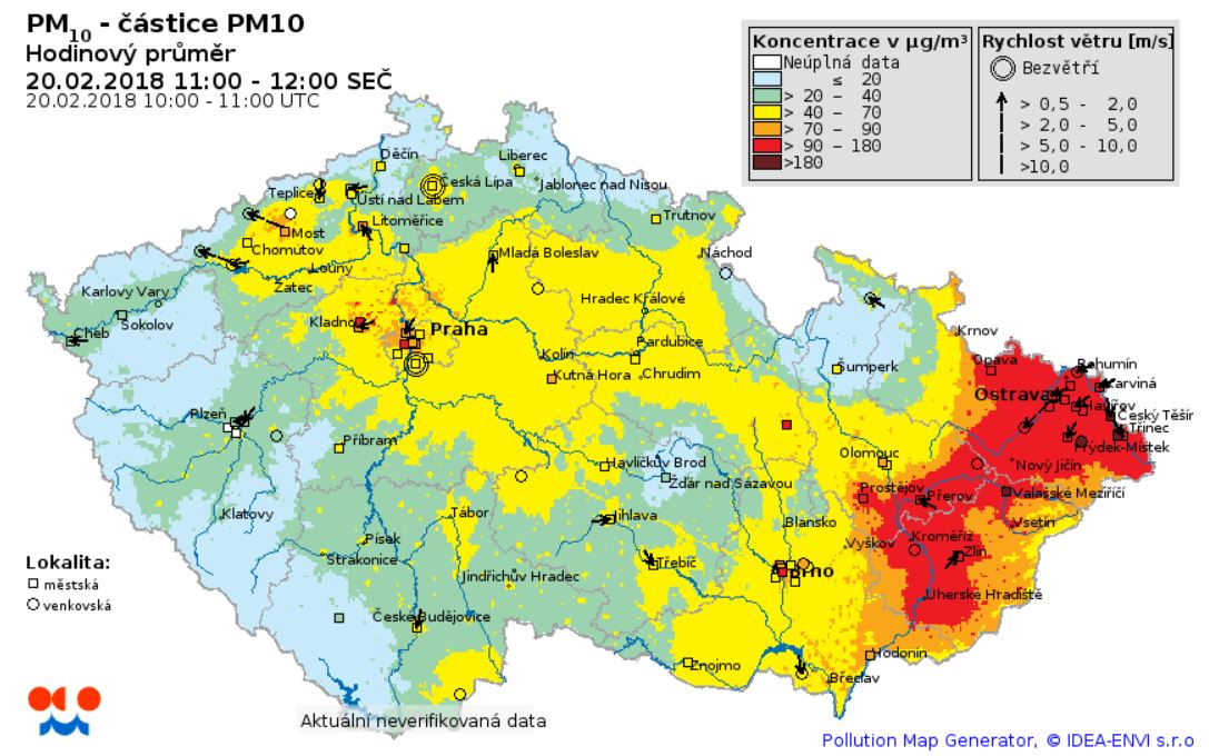 Mapa znečistění ovzduší prachovými částicemi PM 10 dne 20.2.2018, nejhorší situace je na východě Moravy