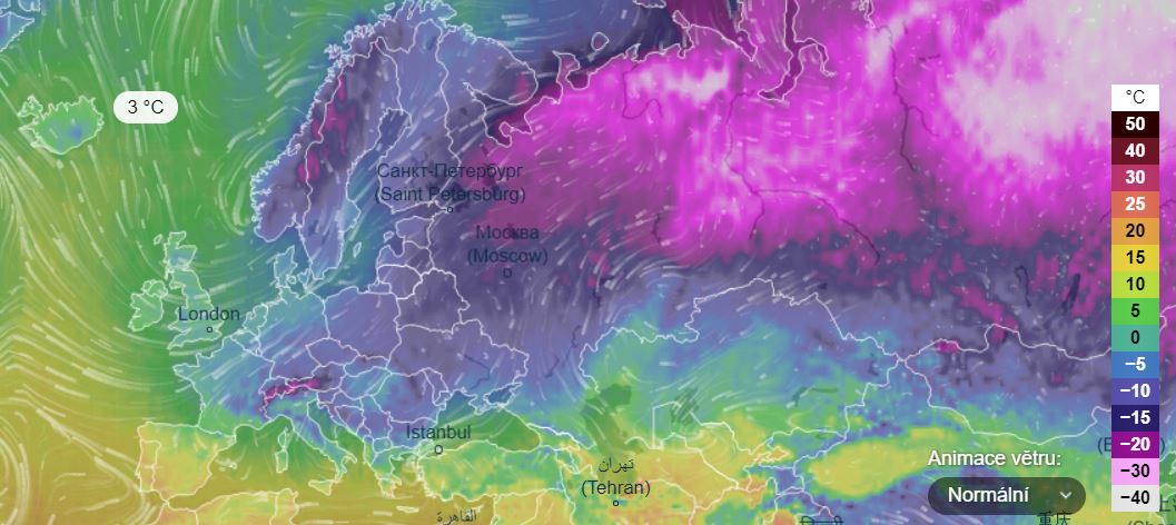 Teploty vzduchu v Evropě, největší hlad je na severovýchodě