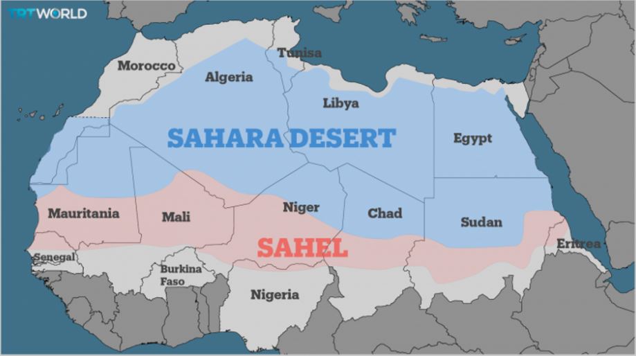 Zobrazení oblasti pouště Sahary a zemí Sahelu