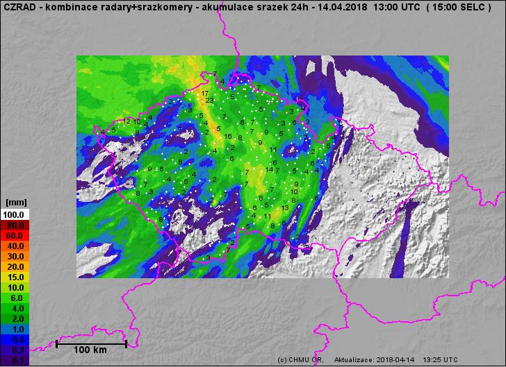 Radarové odhady srážek, duben 2018