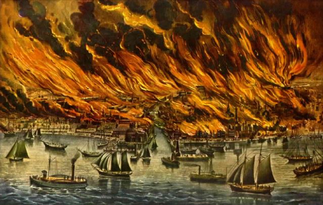 Oheň na dobové malbě, který zasáhl celé přístavní město