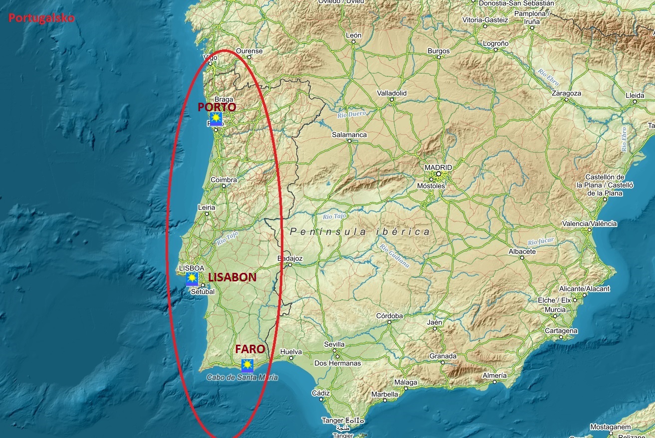 Mapa Portugalska, Algarve, Alantejo, Lisabonsko, Centro, Norte