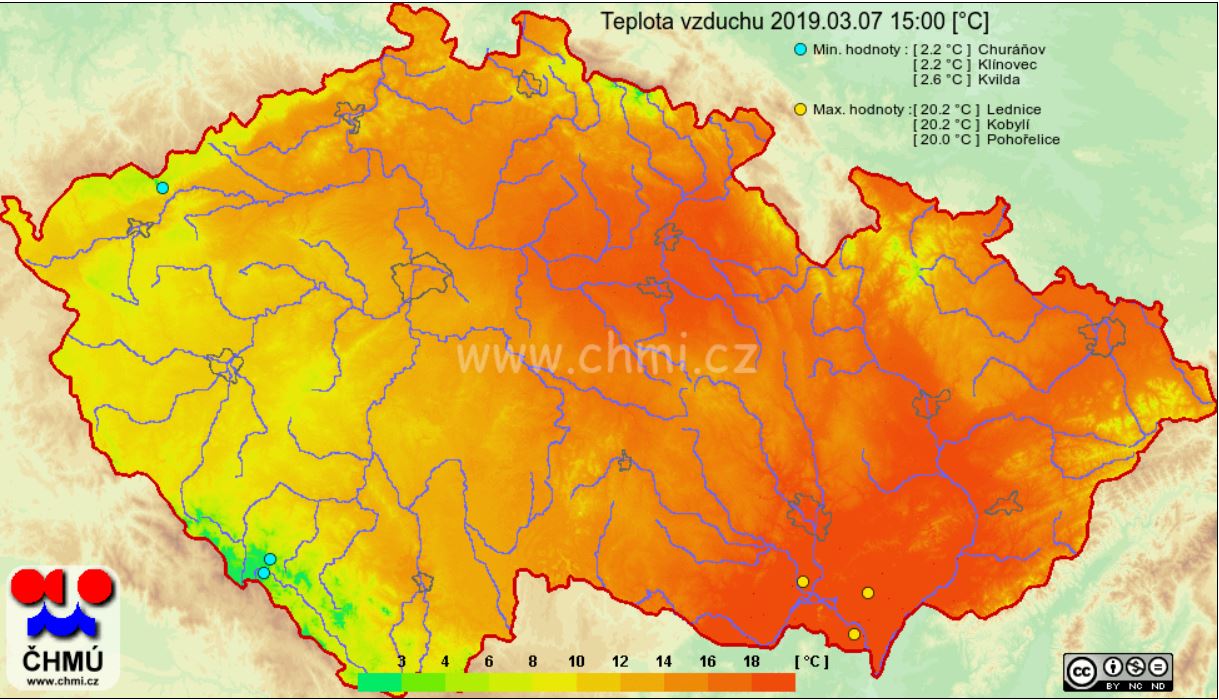 Maximální teploty ve čtvrtek 7. března se přehouply přes hranici 20 °C. 