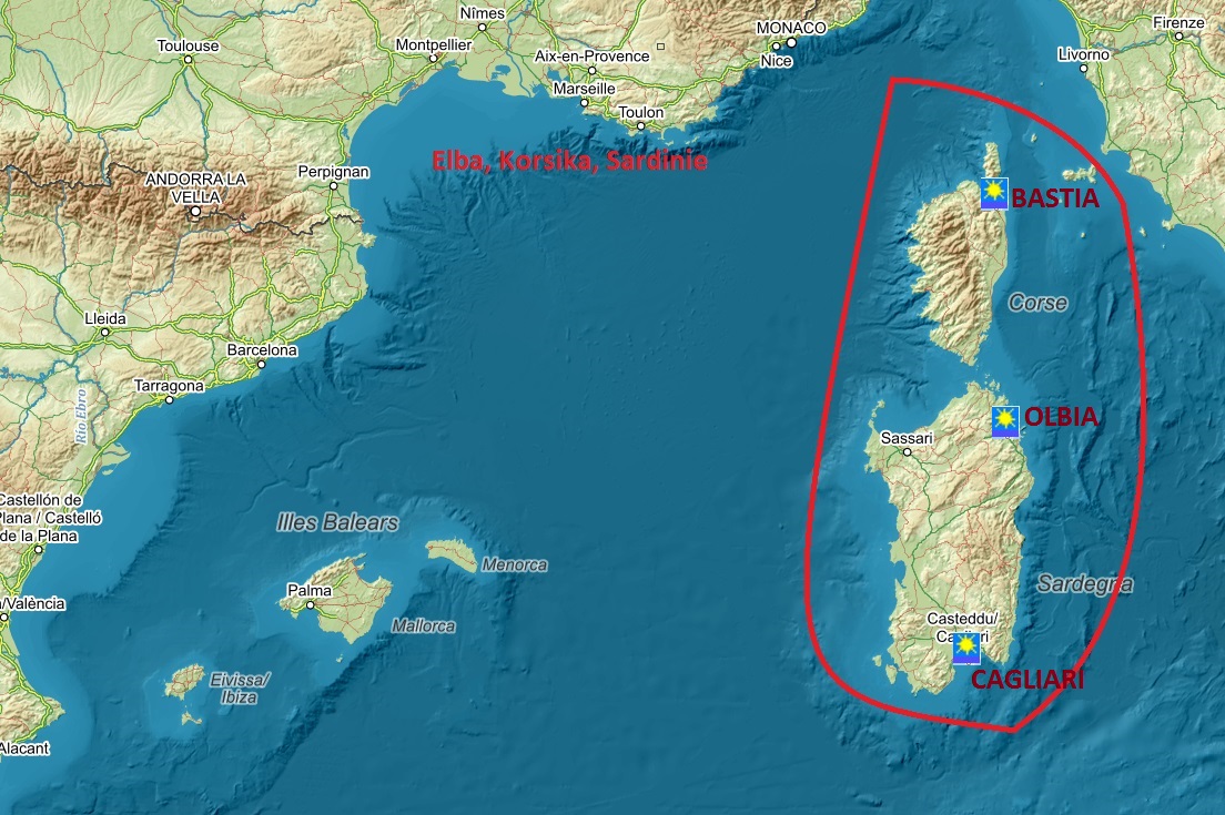 Mapa oblasti Elba, Korsika a Sardinie