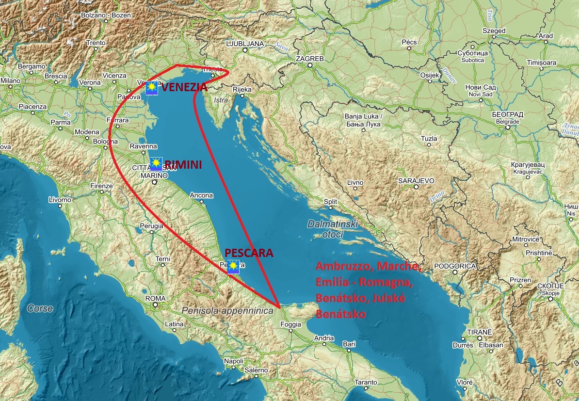 Mapa oblasti jadranského pobřeží Itálie