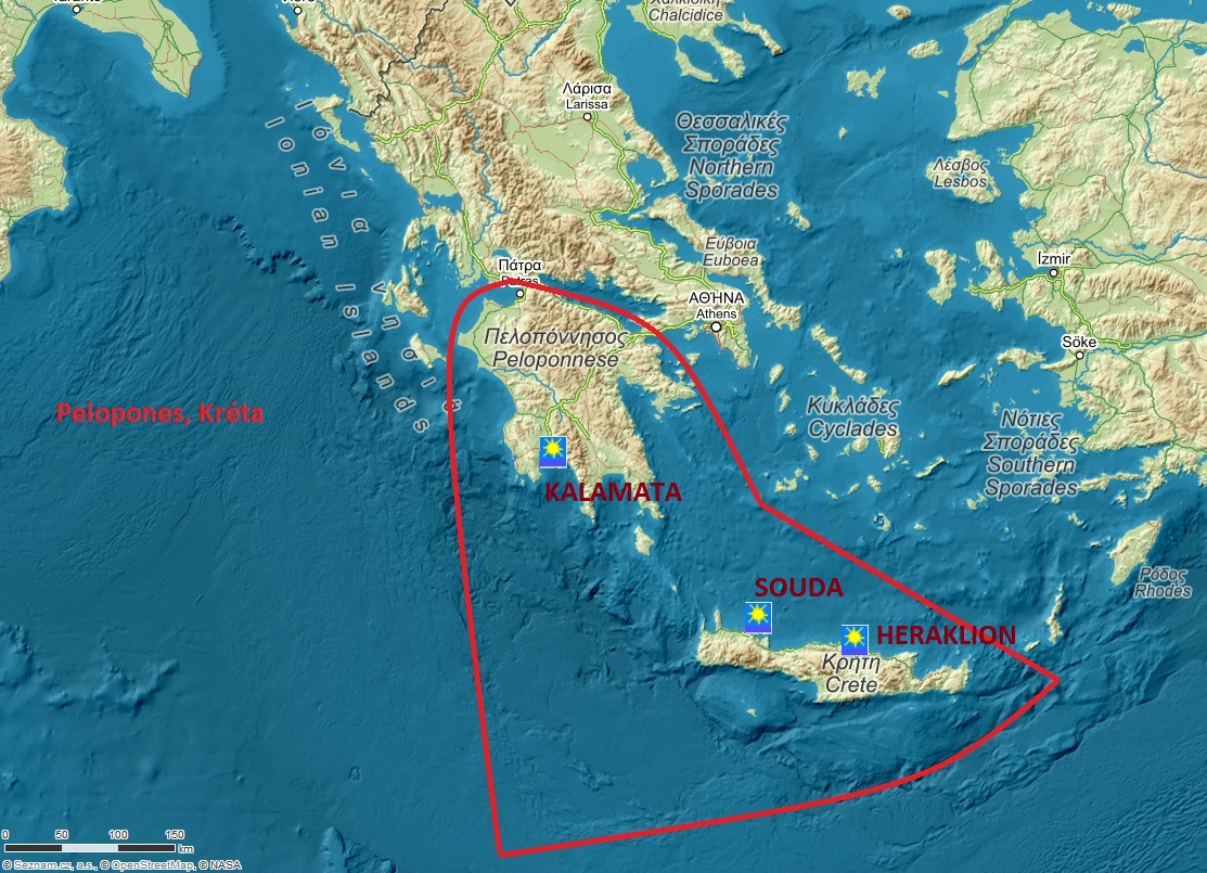 Mapa oblasti Peloponés a Kréta