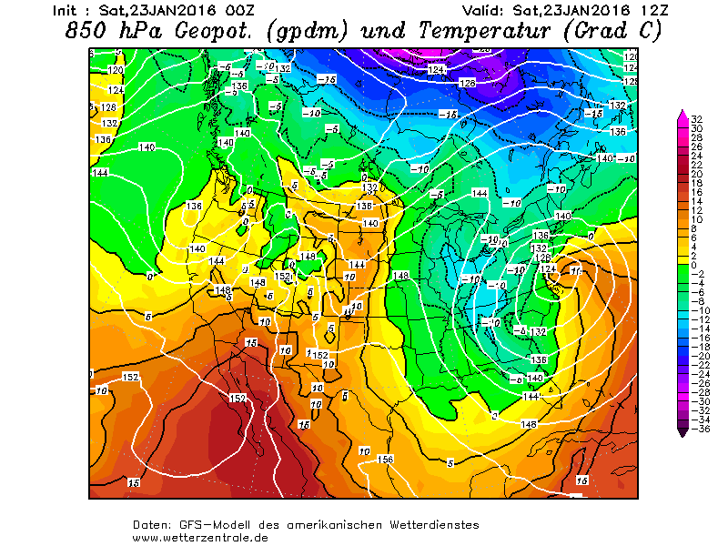 Bouře v USA podle modelu GFS v hladině 850 hPa