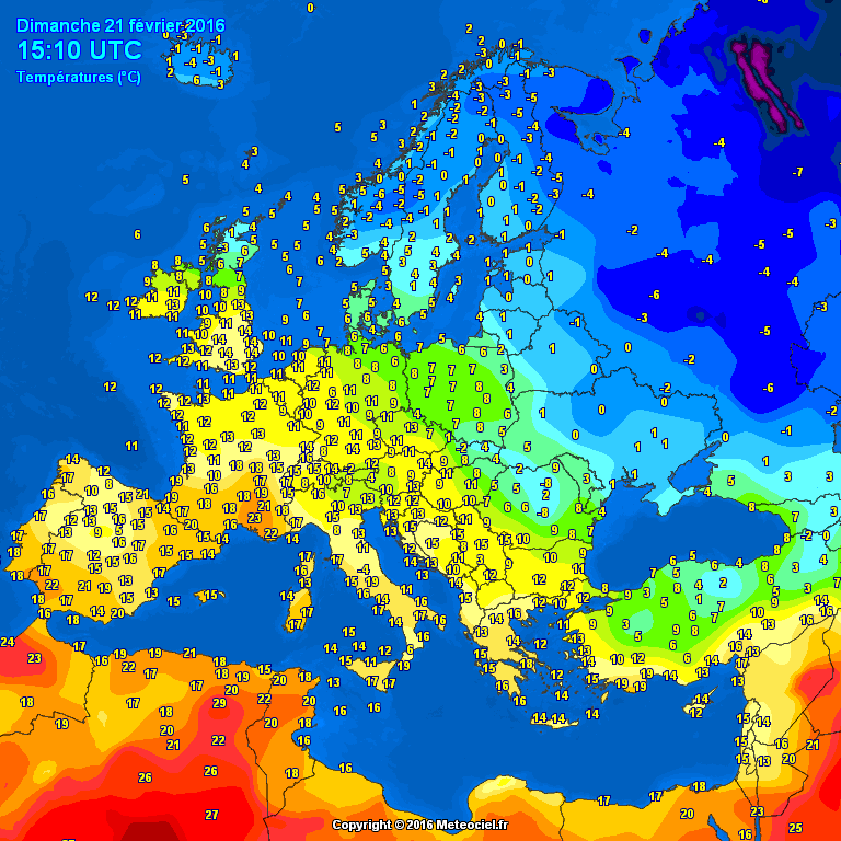 Teploty nad evropou, velmi chladný severovýchod a teplý jihozápad