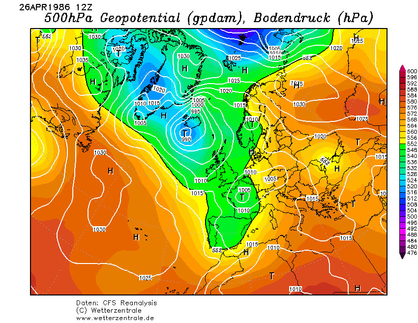  Synoptická situace nad Evropou 26.4.1986