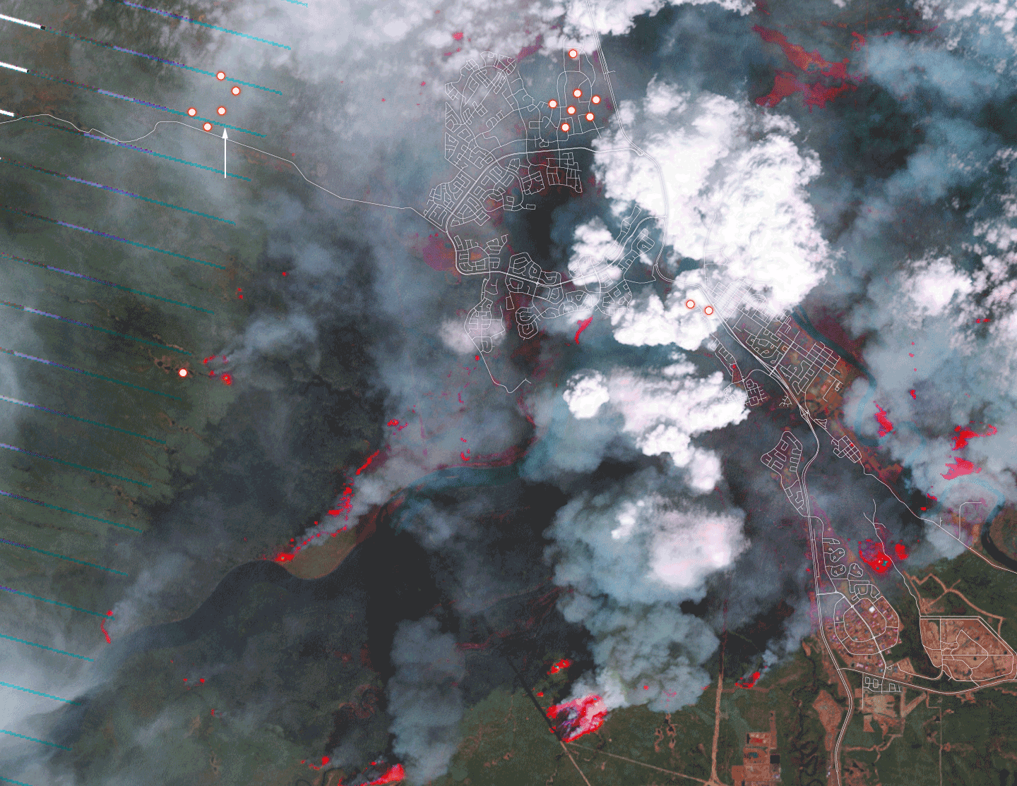 Ničivé požáry, satelitní snímek