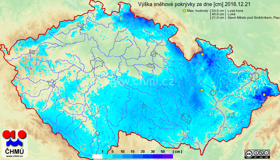 Sněhová pokrývka se podle mapy vyskytuje zejména na Moravě a v Čechách pouze na horách