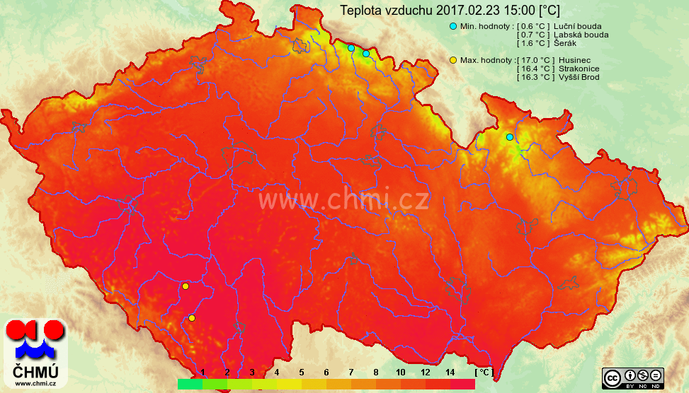 Maximální teplota vzduchu nad naším územím 23. února 2017