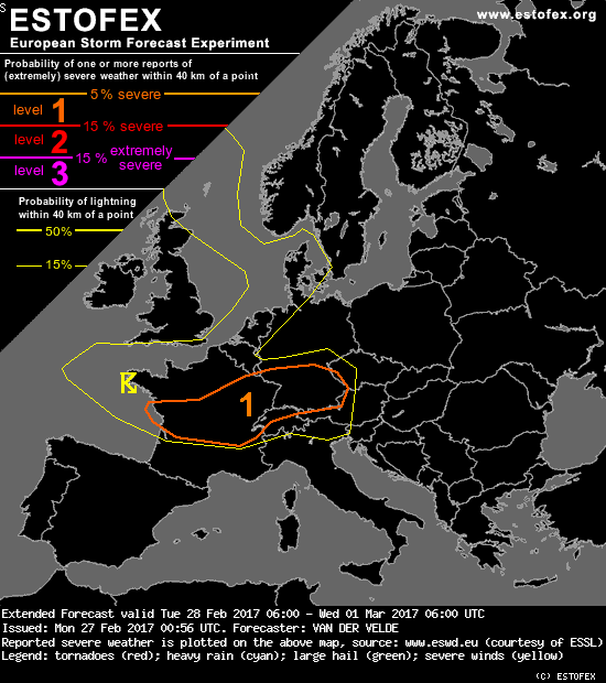 Předpověď možnosti výskytu bouřek nad západní evropou 28. února 2017
