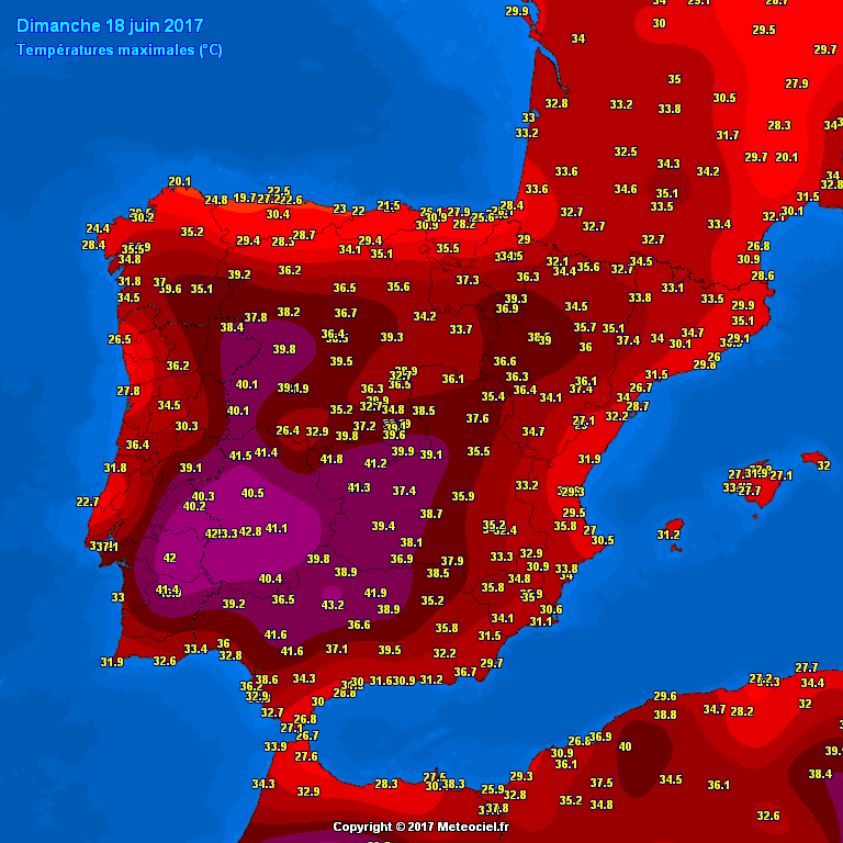 Maximální teploty ve Španělsku okolo 40 °C v termínu 18. června 2017