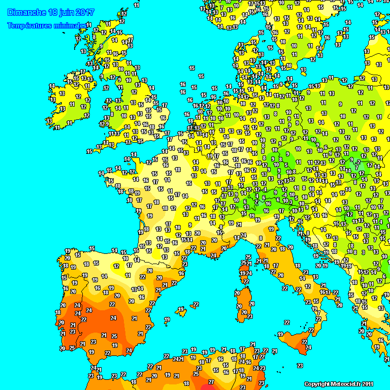 Minimální teploty v Evropě, 18. června 2017