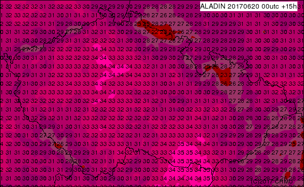 Předpověď modelu aladin na dnes s teplotami nad 30 °C