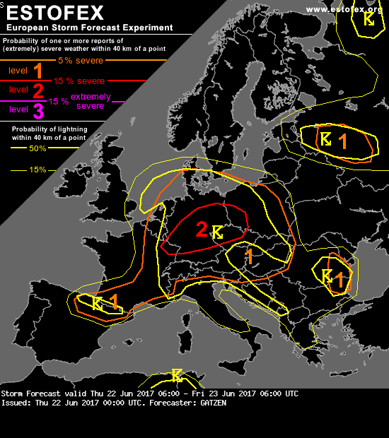 Předpověď bouřek dle modelu Estofex pro 23. červen 2017