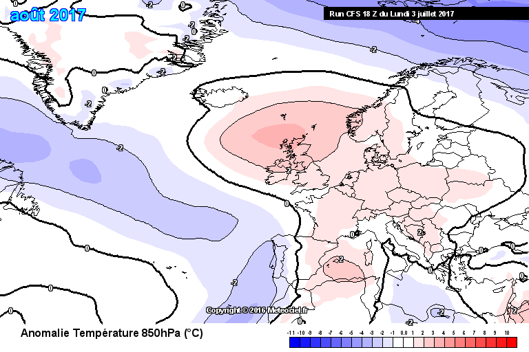 Předpopěď rozdílu teplot od normálu v červenci 2017