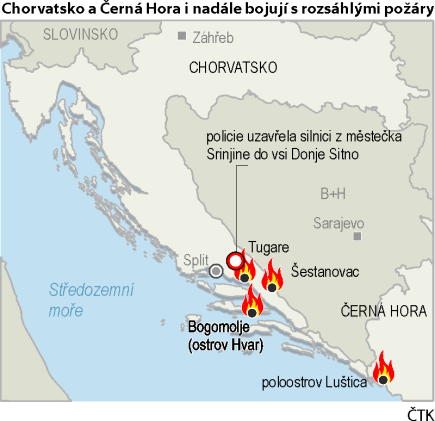 Chorvatsko a Černá hora nadále bojují na jihu s četnými požáry