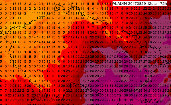 Předpověď teplot podle modelu Aladin pro 29. srpen 2018, horko pokračuje na Moravě