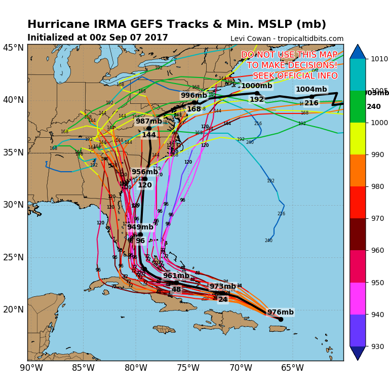 Různé modely postupu hurikánu Irma podél pobřeží