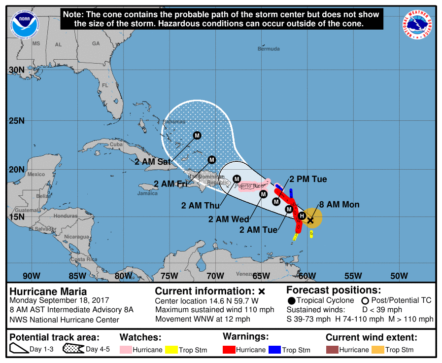 Postup hurikánu Maria přes oblast Karibiku