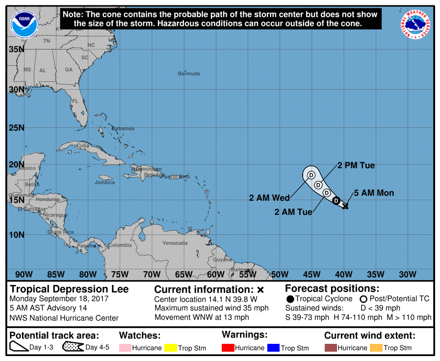 Trasa tropické bouře Lee v oblasti Atlantského oceánu