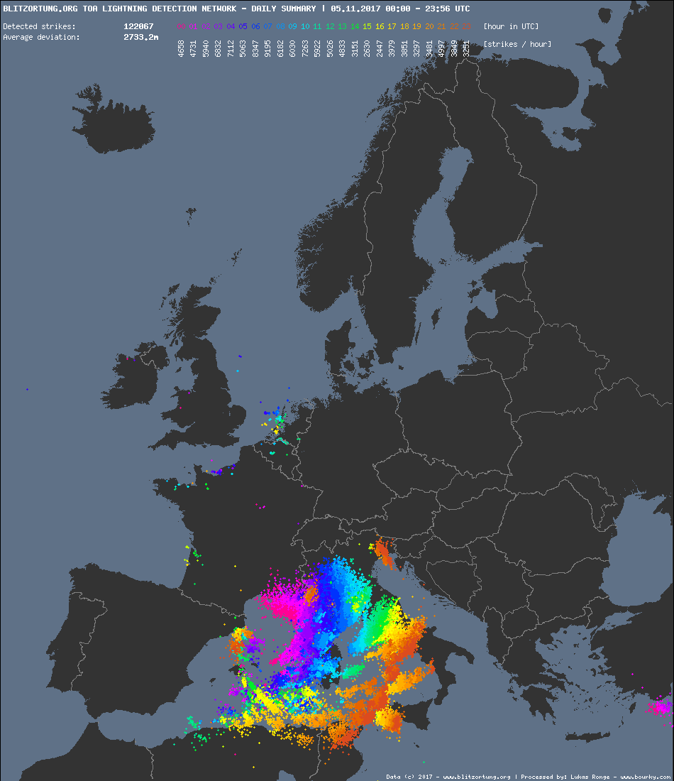 Výskyt blesků, listopad 2017