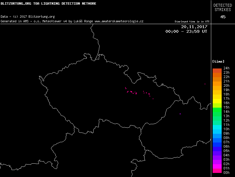 Výskyt blesků na Moravě 20. listpadu 2017