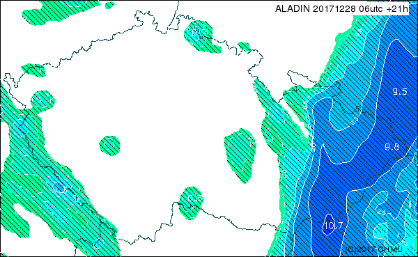 Sněžení na konci roku 2017 dle meteorologického modelu