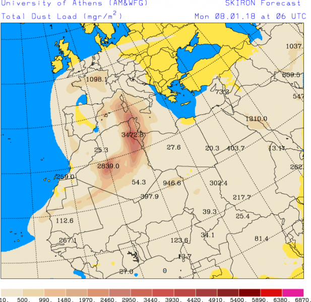 Předpověď saharského písku nad územím Evropy 8. ledna 2018