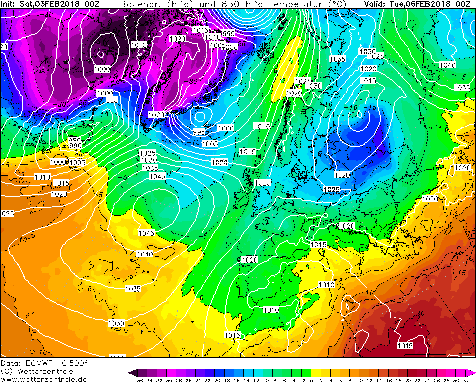 Teplota vzduchu v hladině 850 hPa dne 6. únor 2018