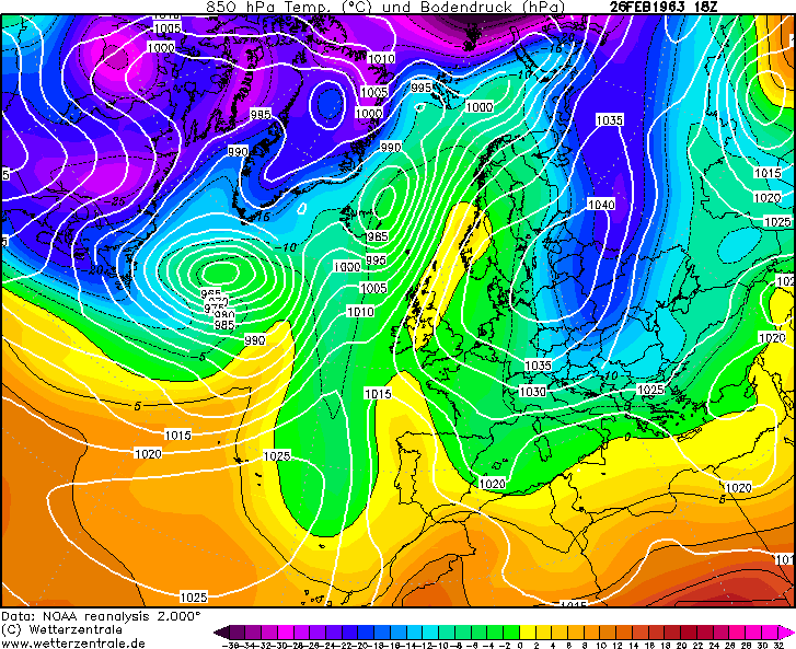 Teplota v hladině 850 hPa 28. únor 1963