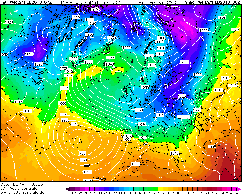 Synoptická situace nad Evropou, 23. února 2018