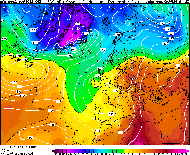 Teplota vzduchu nad evropou v hladině 850 hPa 20. duben 2018